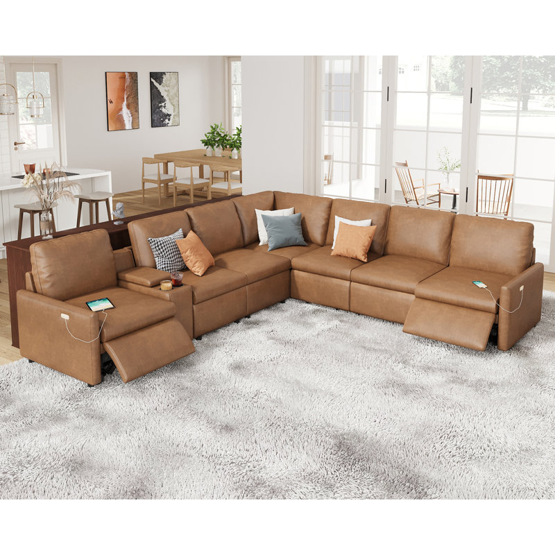 Power Recliner, Reclining Sectional Sofa With Console& Dual Recliner, 7  Seats L Shaped Recliner Sofa With Cup Holder& Charging Port, Leather  Modular 